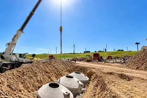 Autokran über offener Baugrube mit drei eingesetzten Betonbehältern, daneben Erdaushub, Bagger und Windräder im Hintergrund