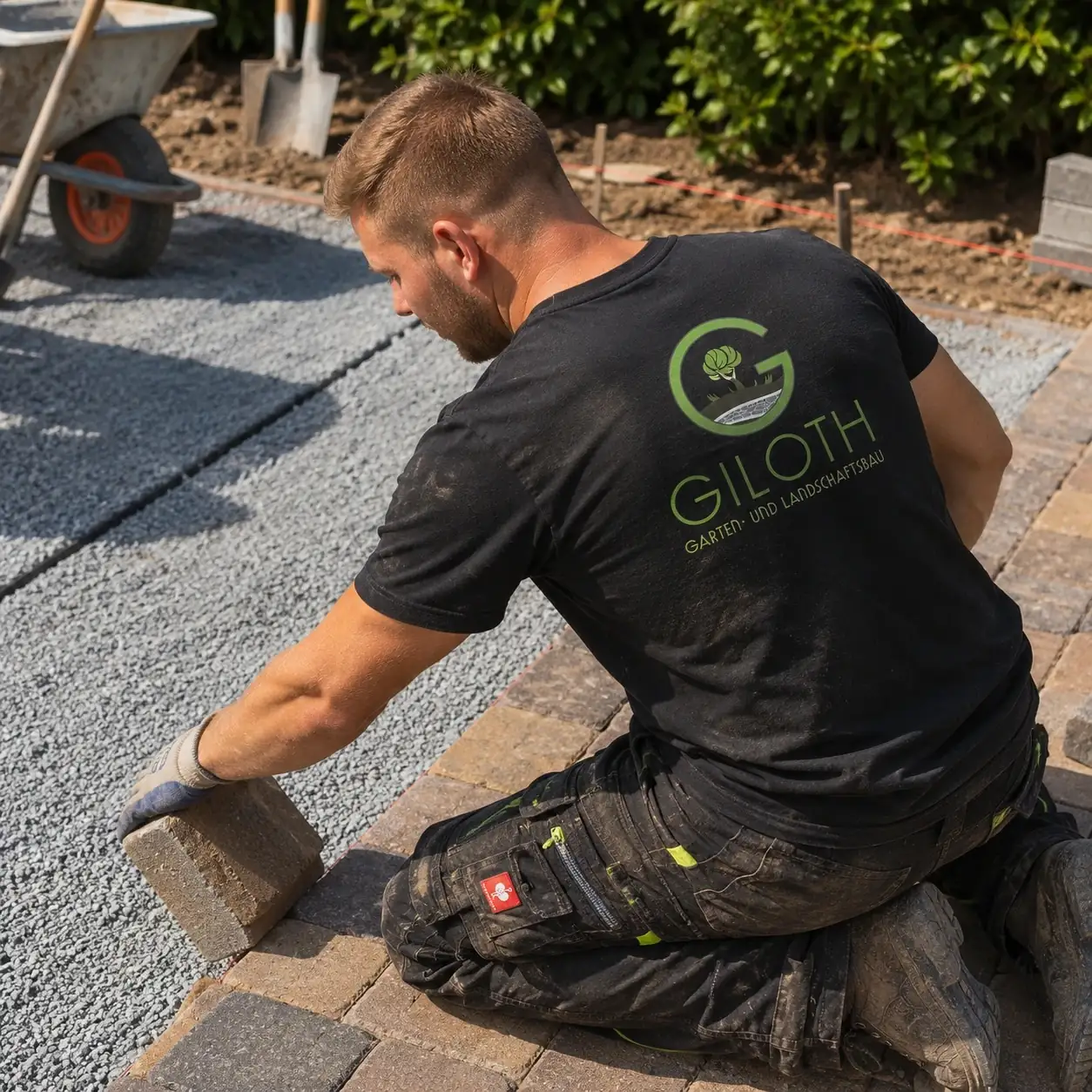 Handwerker im Giloth-Shirt setzt Betonpflaster an das abgezogene Splittbett, im Hintergrund Schubkarre und Spaten