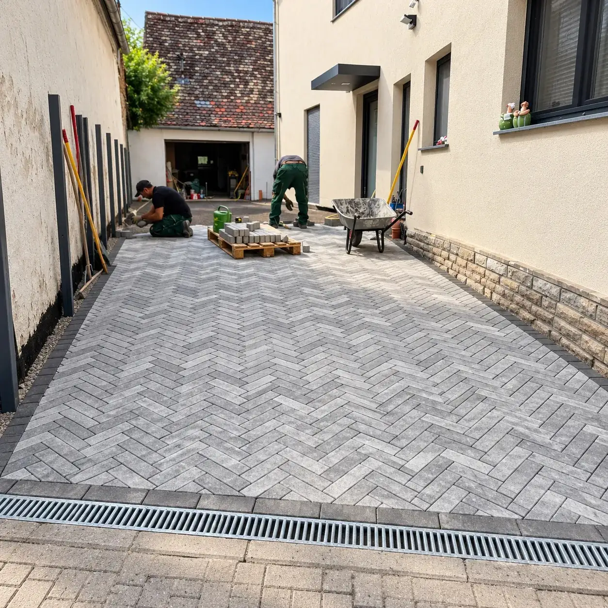 Zwei Handwerker verlegen graues Betonpflaster im Fischgrätverband in einem Hof, vorne eine Entwässerungsrinne