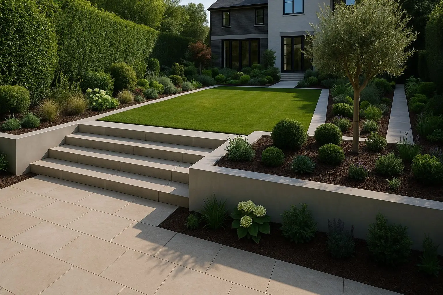 Visualisierung: Gartenanlage mit breiter Treppe aus hellen Blockstufen, Plattenterrasse, Rasen und bepflanzten Beeten