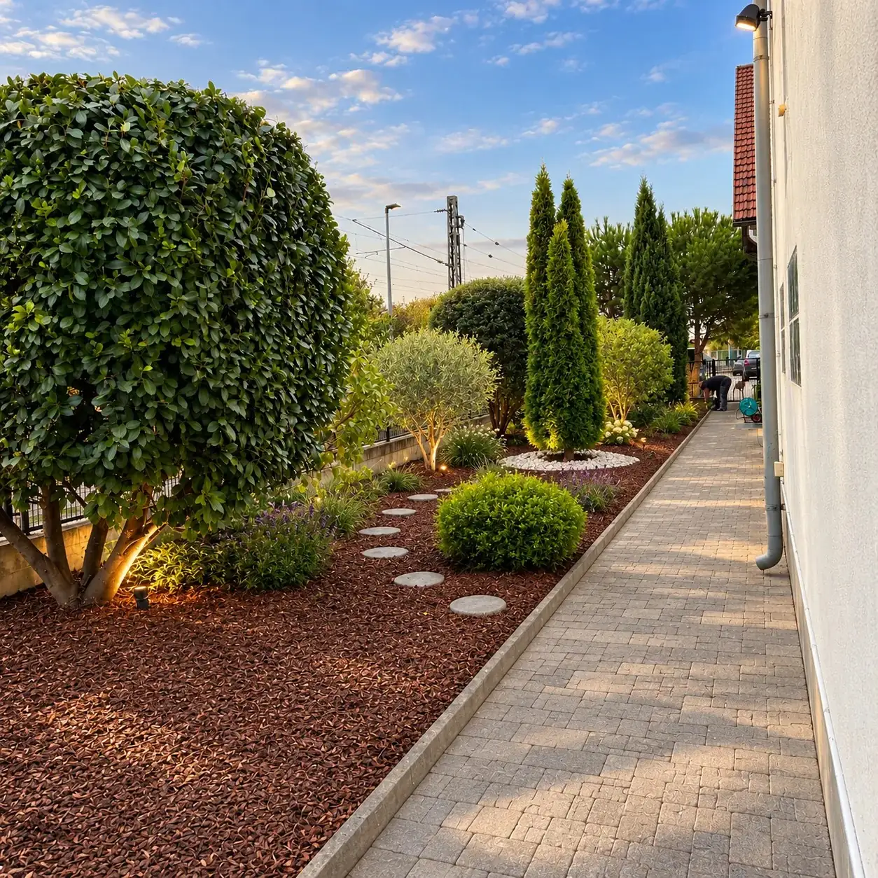 Gepflasterter Weg am Haus entlang, daneben ein Beet mit Rindenmulch, Trittsteinen, Formgehölzen und Gartenbeleuchtung