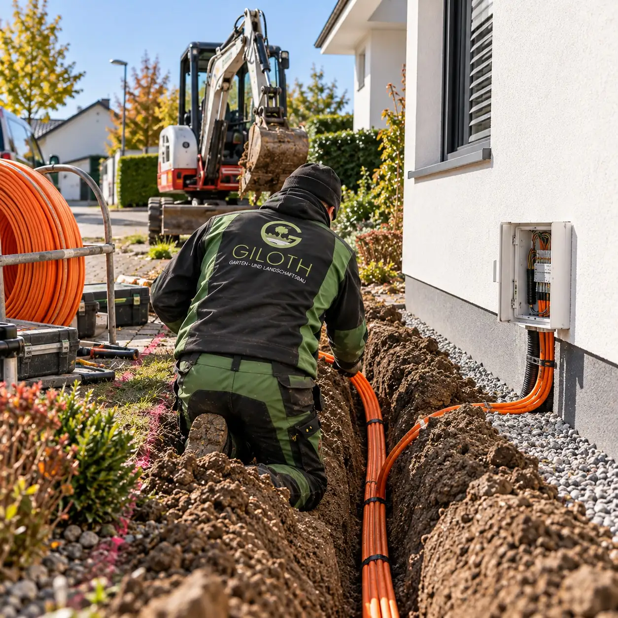 Symbolbild Glasfaser: Handwerker verlegt orange Leerrohre im Graben vor dem Haus bis zum Hausanschluss an der Fassade