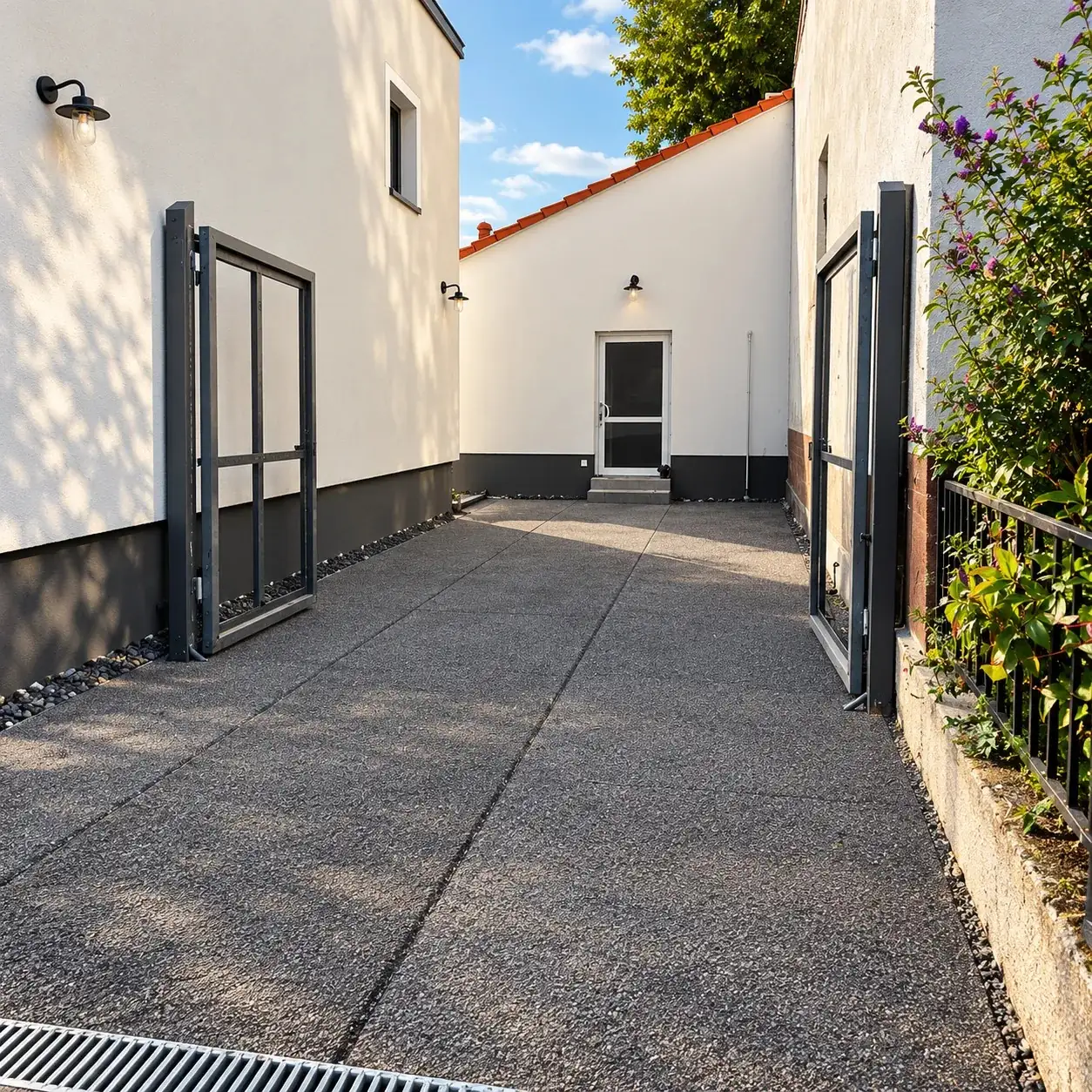 Fertig gepflasterter Hofdurchgang zwischen zwei Häusern mit Entwässerungsrinne und zwei geöffneten Metalltoren