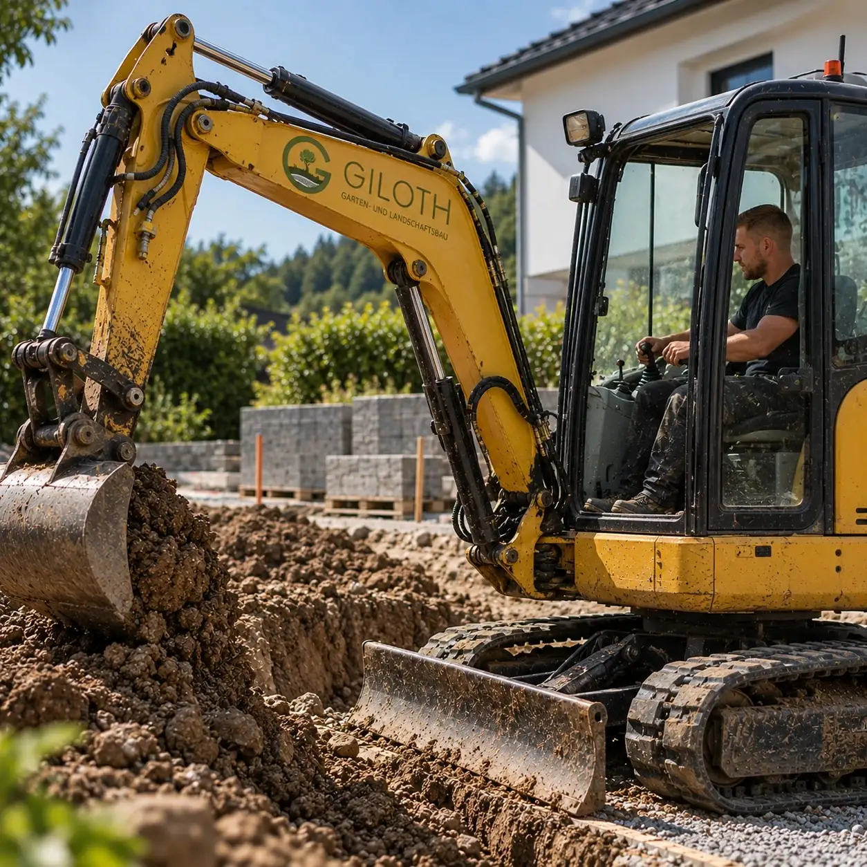 Gelber Minibagger mit Giloth-Logo hebt Erdreich aus, im Hintergrund Steinpaletten und ein Wohnhaus