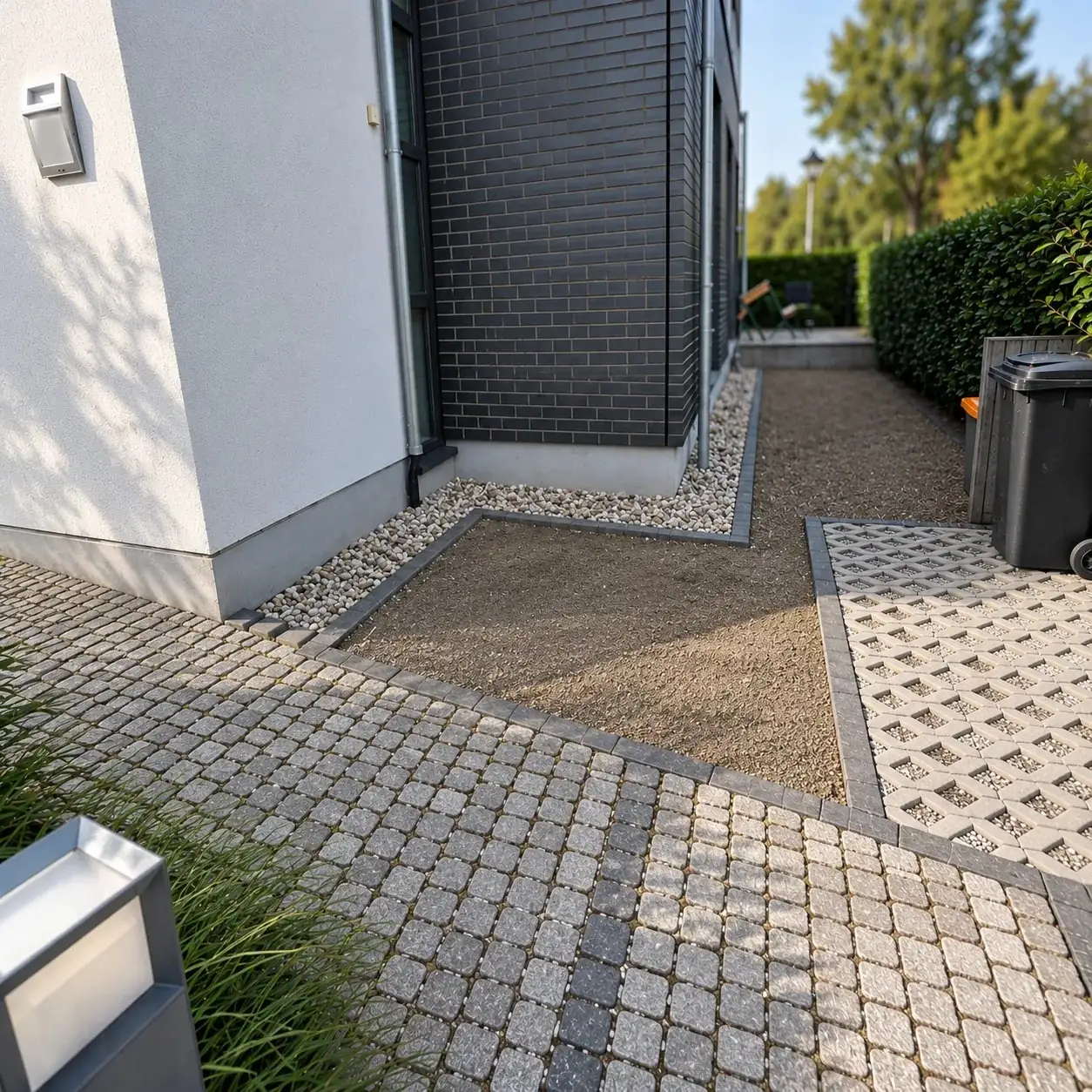 Pflasterweg entlang der Hausfassade mit Kiesstreifen, vorbereiteter Splittfläche und Rasengittersteinen für die Mülltonnen