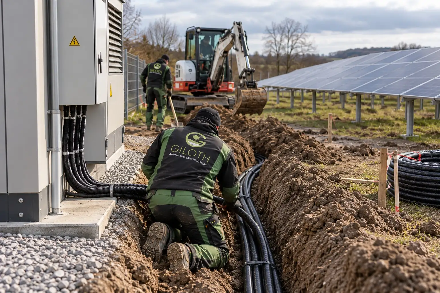 Symbolbild Photovoltaik: Kabelgraben mit Schutzrohren von der Freiflächenanlage zur Trafostation, dahinter ein Minibagger