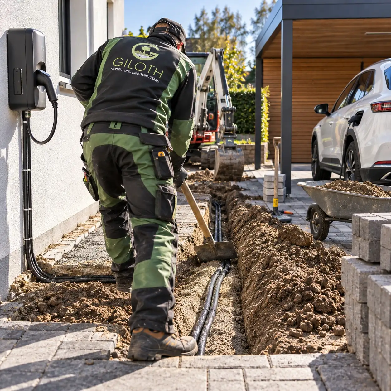 Symbolbild Wallbox: Handwerker hebt einen Kabelgraben mit Leerrohren von der Wallbox an der Hauswand zum Carport aus