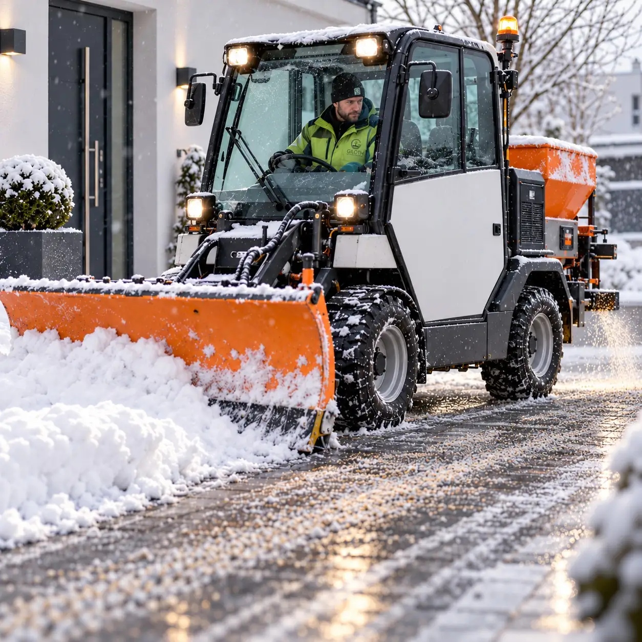 Symbolbild Winterdienst: Kompaktschlepper mit Schneeschild räumt eine gepflasterte Hofeinfahrt und streut dabei Splitt